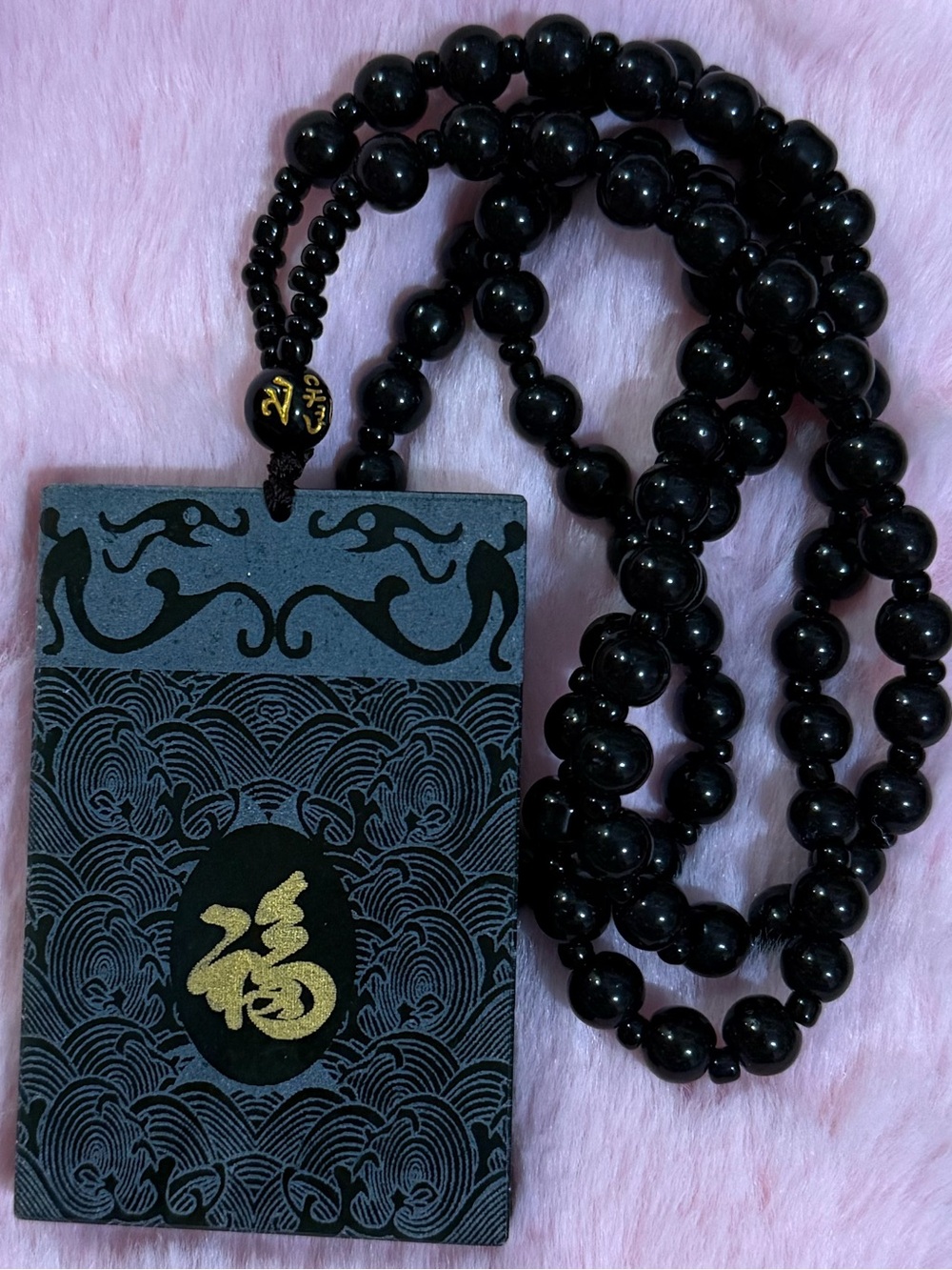 Certified Grade A Natural Black Jade Pendant Necklace Chinese Characters-Fortune